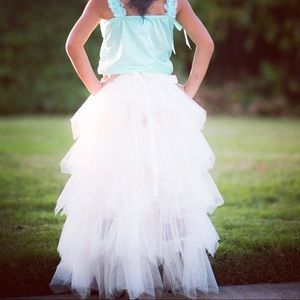 Girls long white ruffled tulle skirt tutu